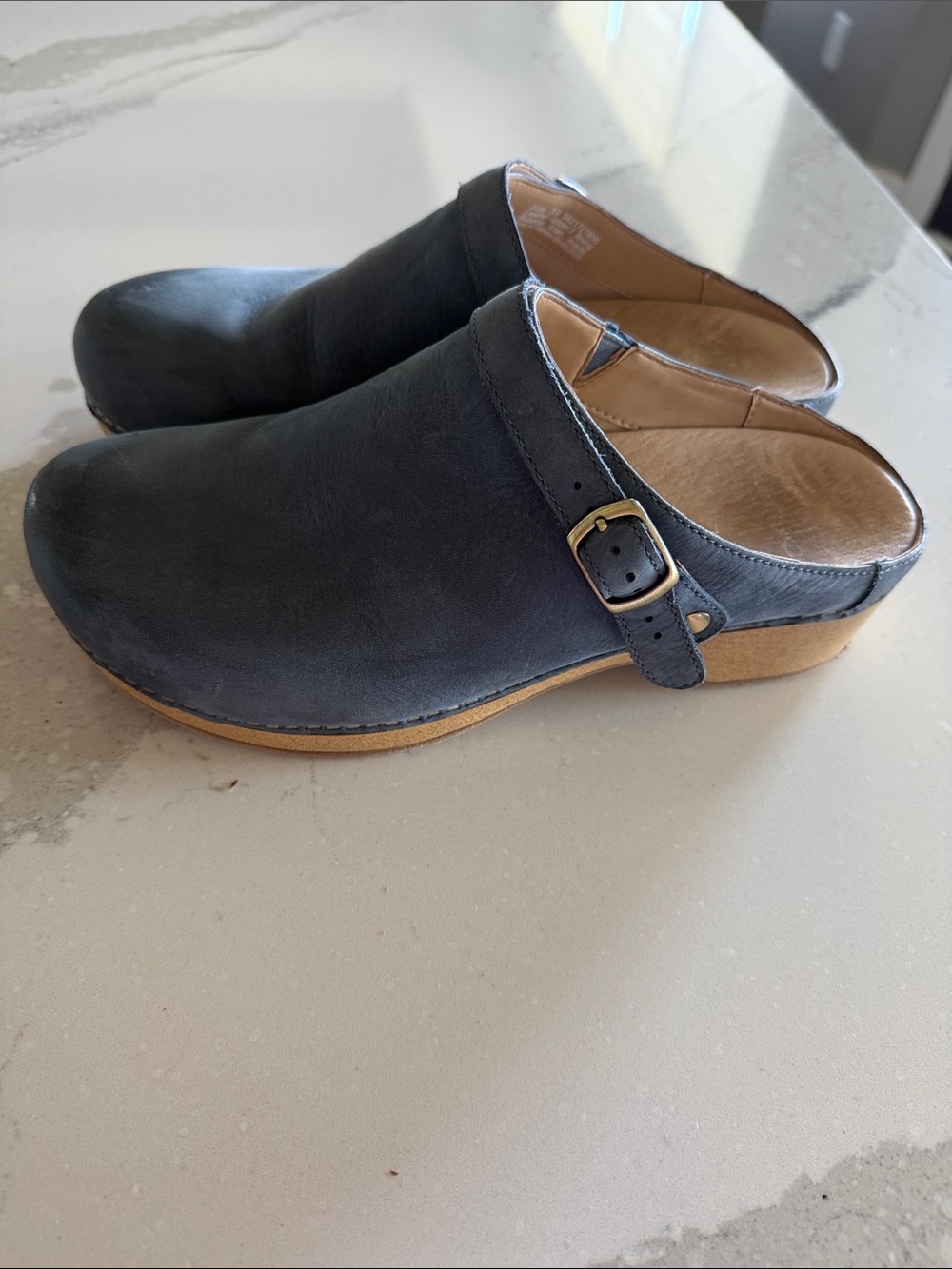 Dansko Blue Leather Slip-On Clog Mules with Buckle